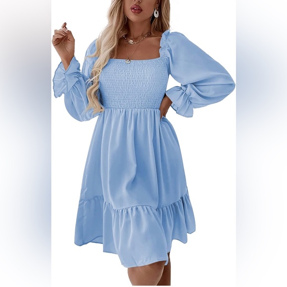 Blue/White Plaid Long Ruffle Sleeve Mini Dress - Picture 7 of 11